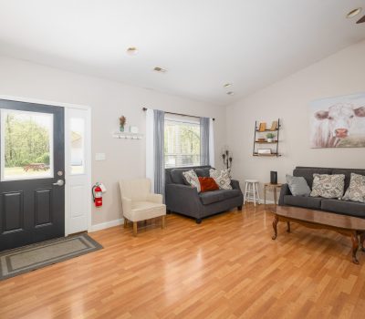 Bright living room with wood floors, gray couches, a wooden coffee table, wall shelves, a cow painting, and a black front door with windows. Natural light comes through large windows with gray curtains.